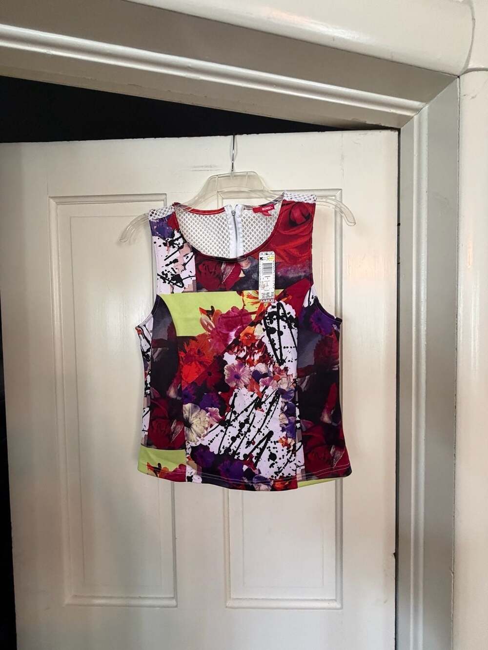 Bongo Multi Color Floral Print Sleeveless Tank Top With Mesh Neckline Size L New